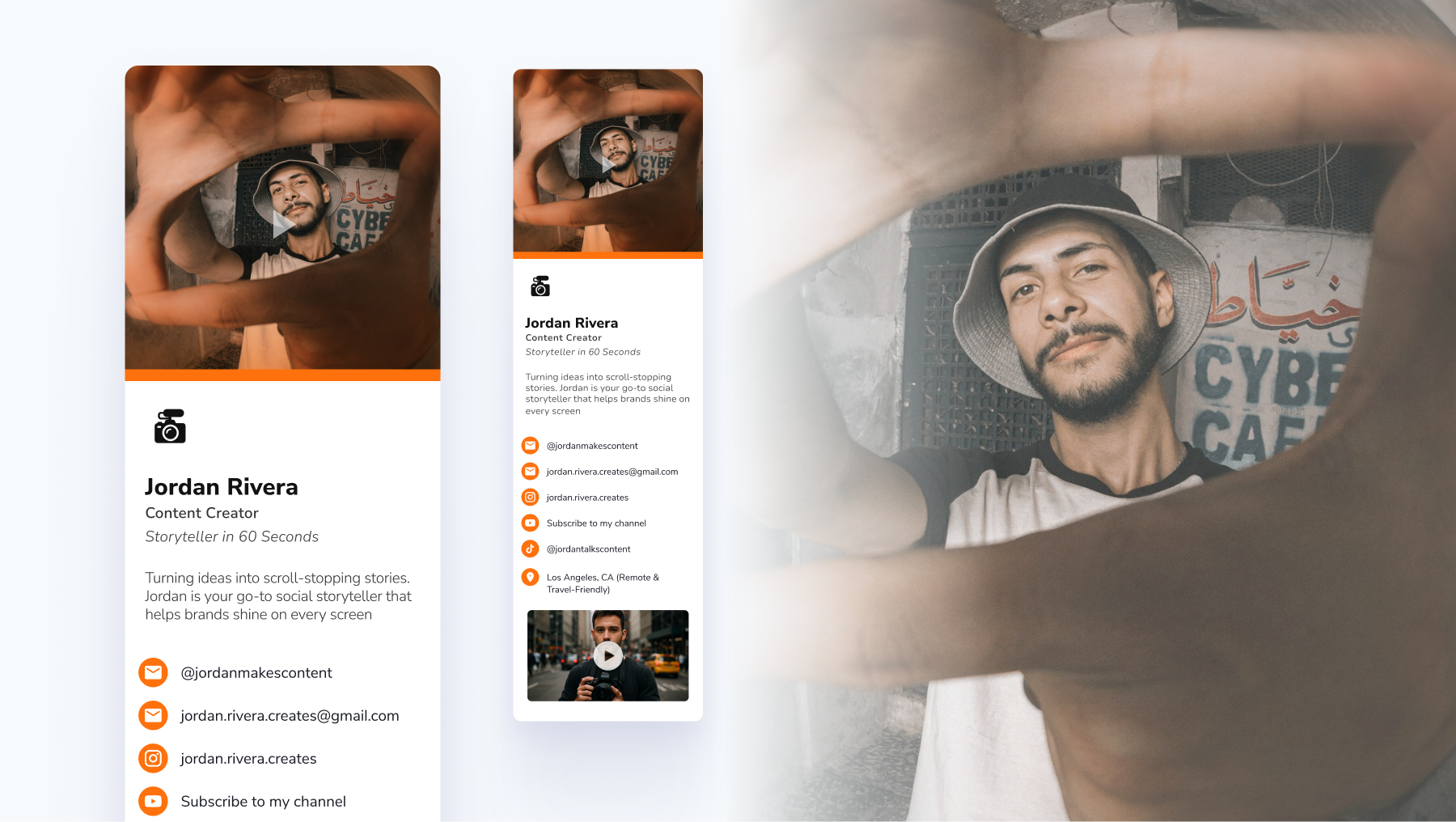 Digital business card example for content creators with embedded video and social media links.