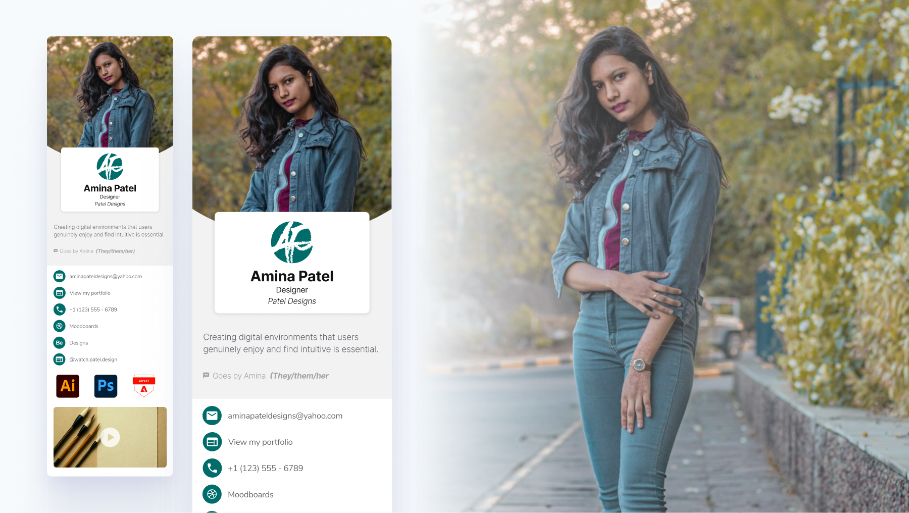 Digital business card example for designers with portfolio and Instagram links.
