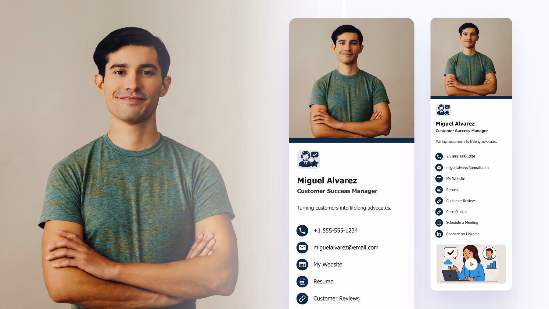 Digital business card example for customer success professionals with client reviews.