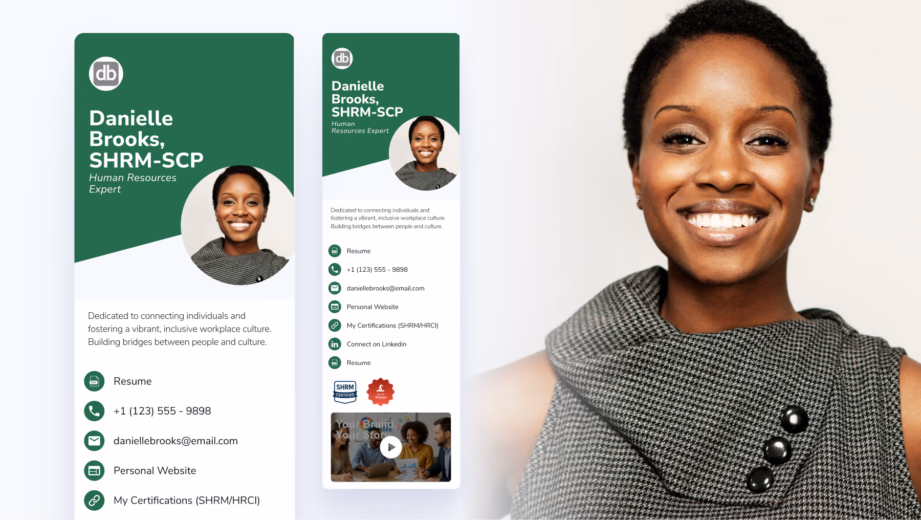 Digital business card example for HR professionals with certifications and company culture links.