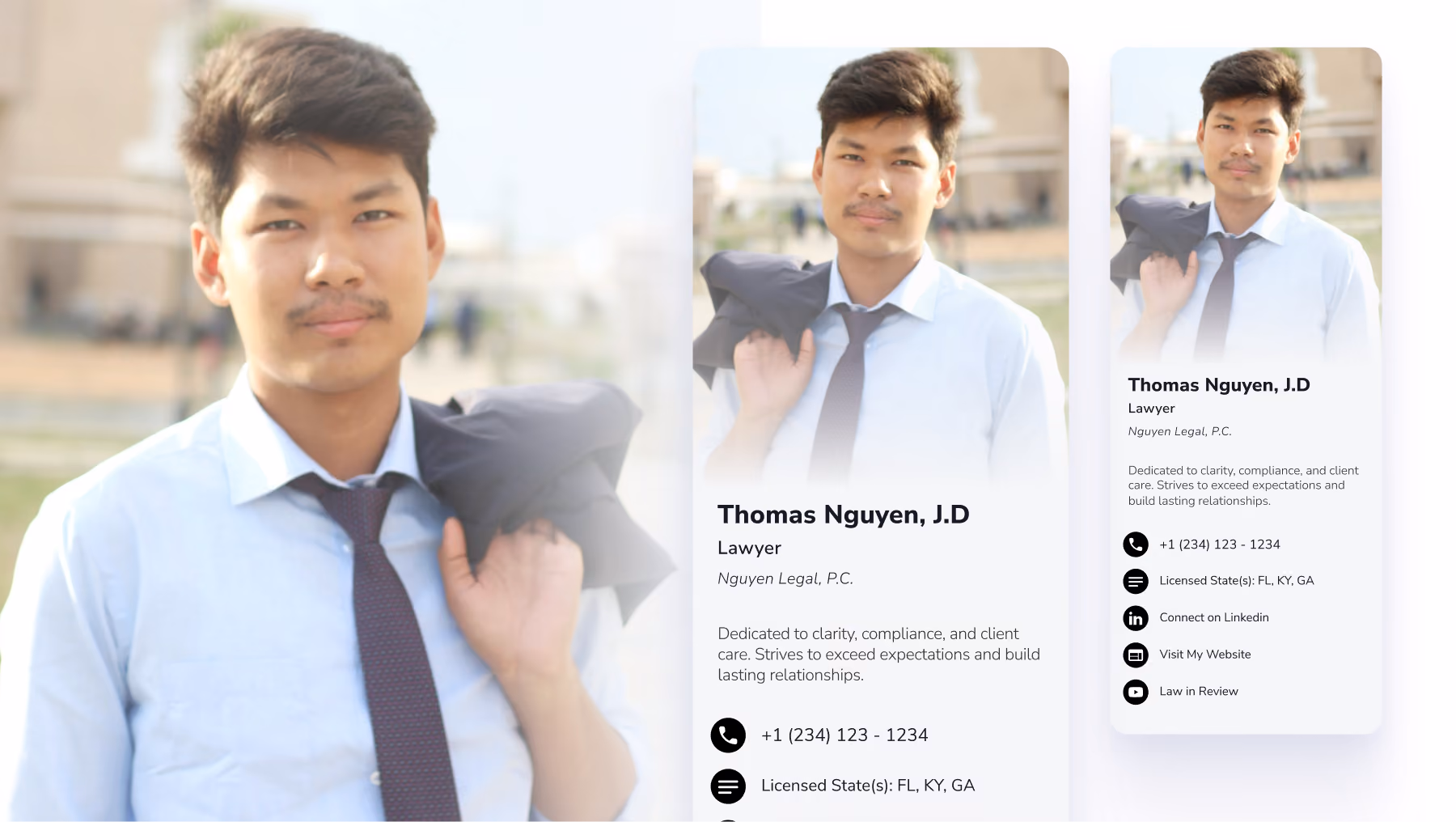 Digital business card example for lawyers, including legal credentials and licensing details.