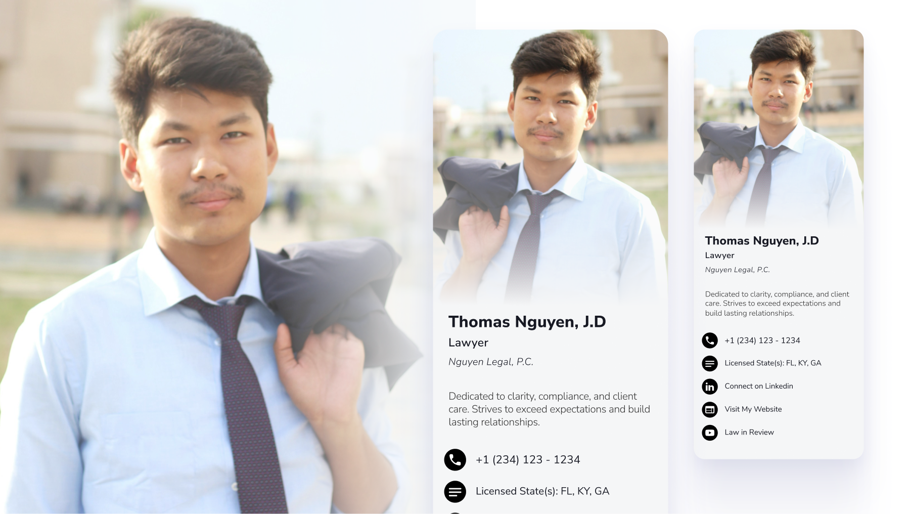 Digital business card example for lawyers, including legal credentials and licensing details.