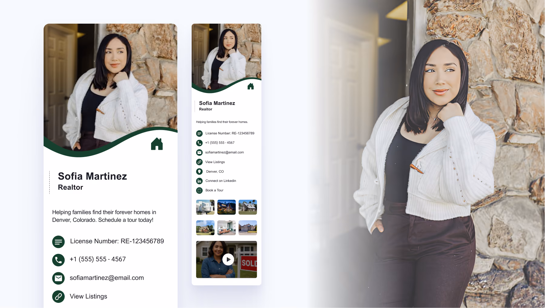 Digital business card example for real estate agents with a license and a personal website.