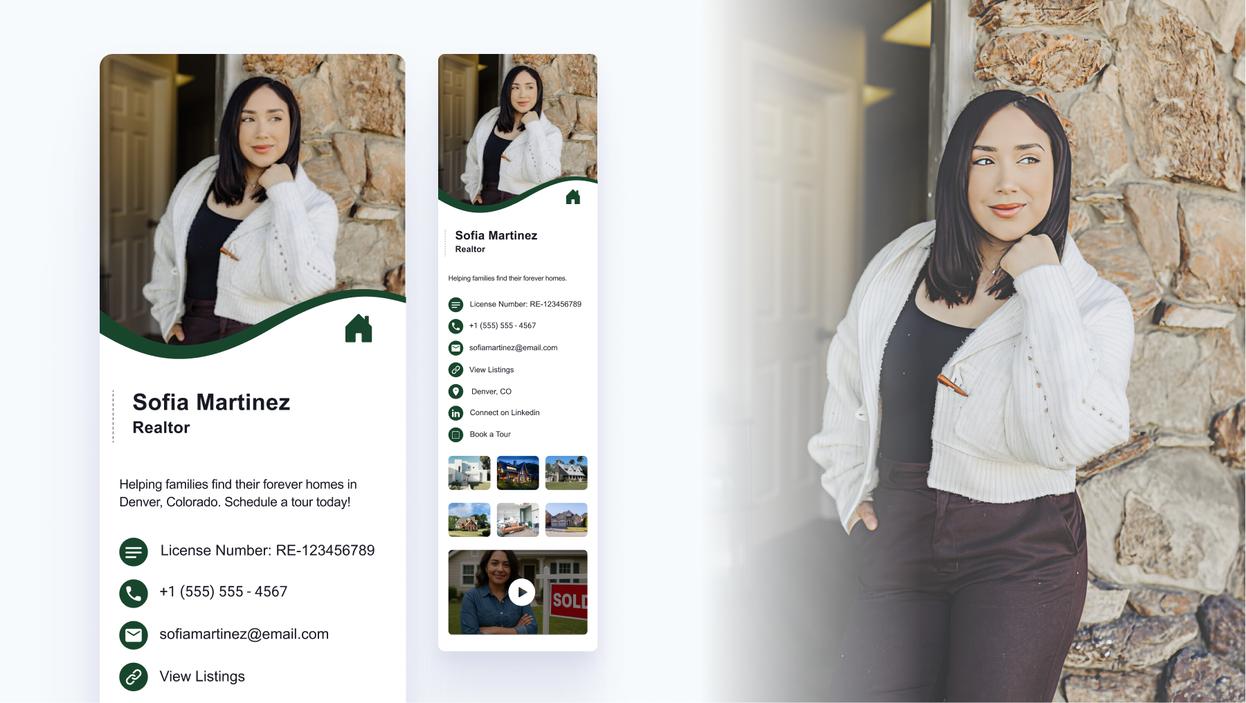 Digital business card example for real estate agents with a license and a personal website.