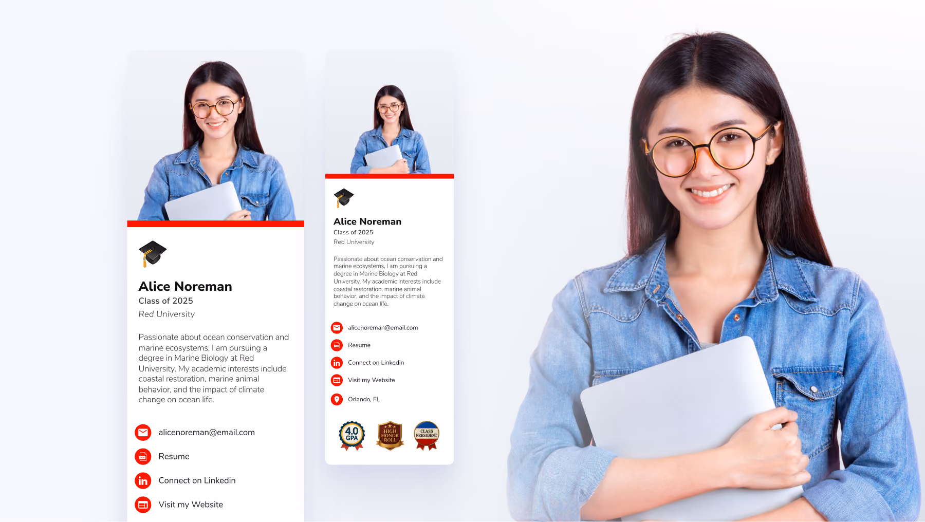 Digital business card example for recent graduates highlighting education and GPA.