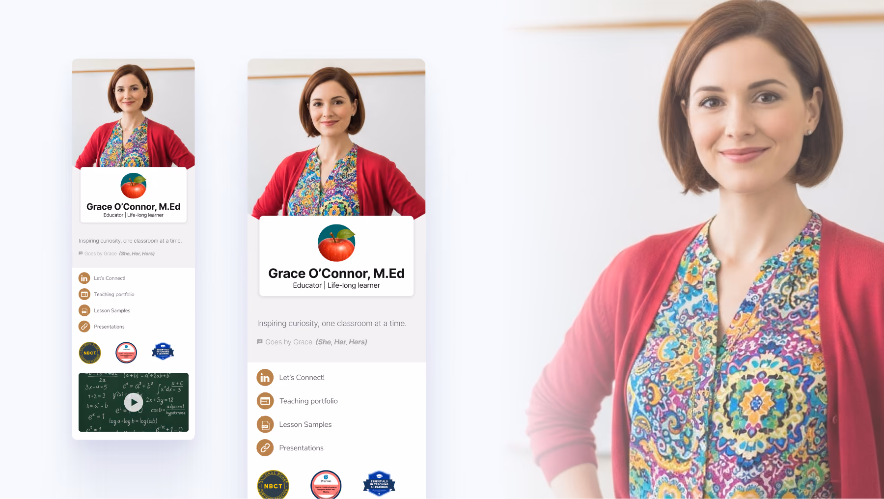 Digital business card example for teachers, including subject expertise and certifications.