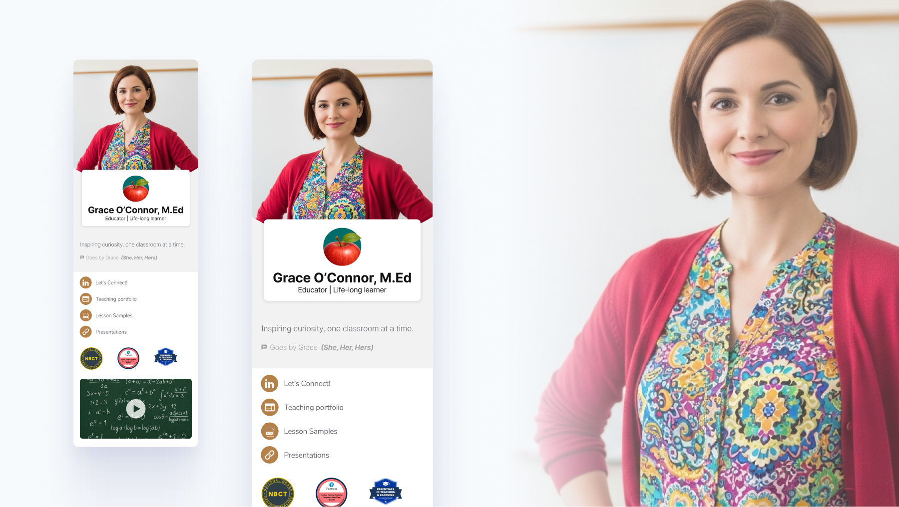 Digital business card example for teachers, including subject expertise and certifications.