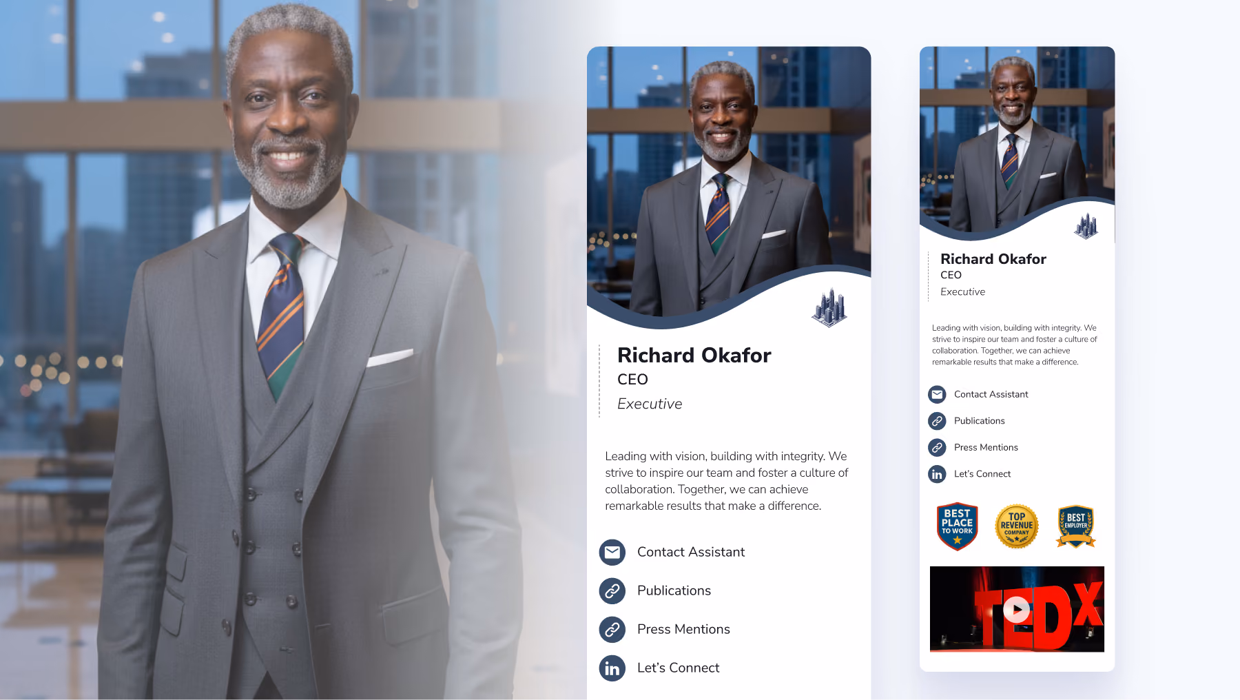 Digital business card example for executives featuring a headshot, personal website, and press links.
