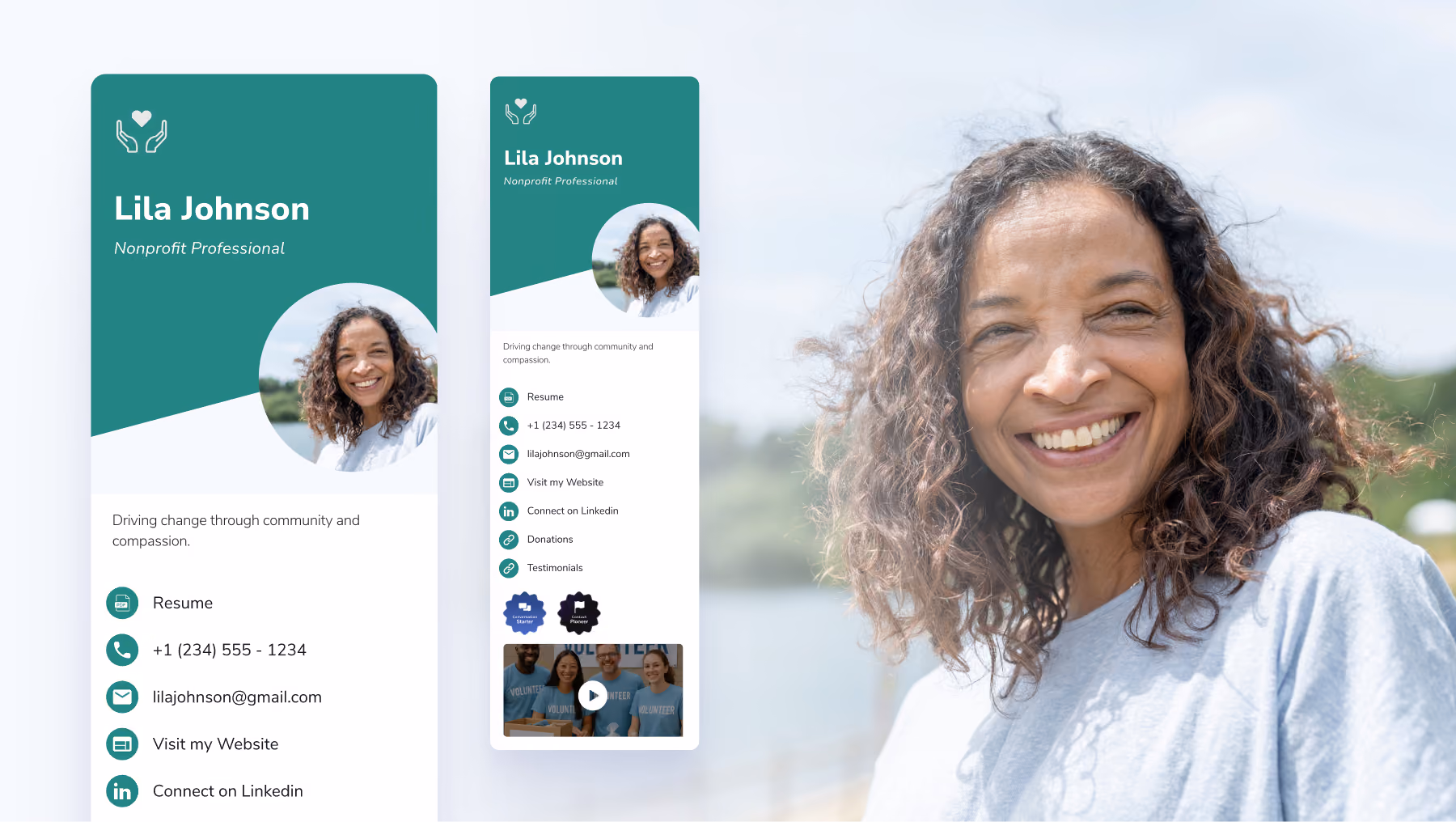 Digital business card example for nonprofit professionals highlighting fundraising campaigns and community impact.