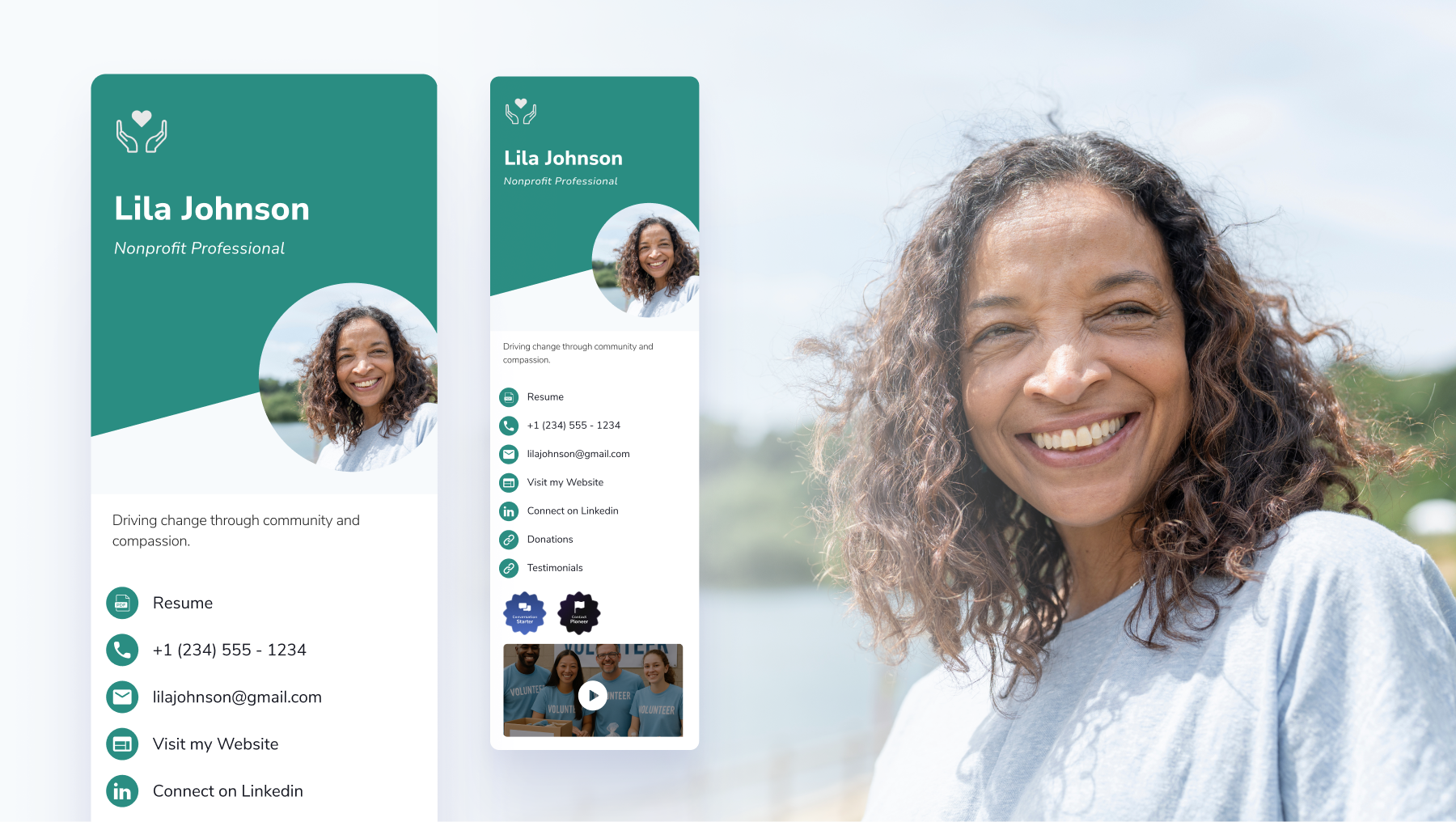 Digital business card example for nonprofit professionals highlighting fundraising campaigns and community impact.