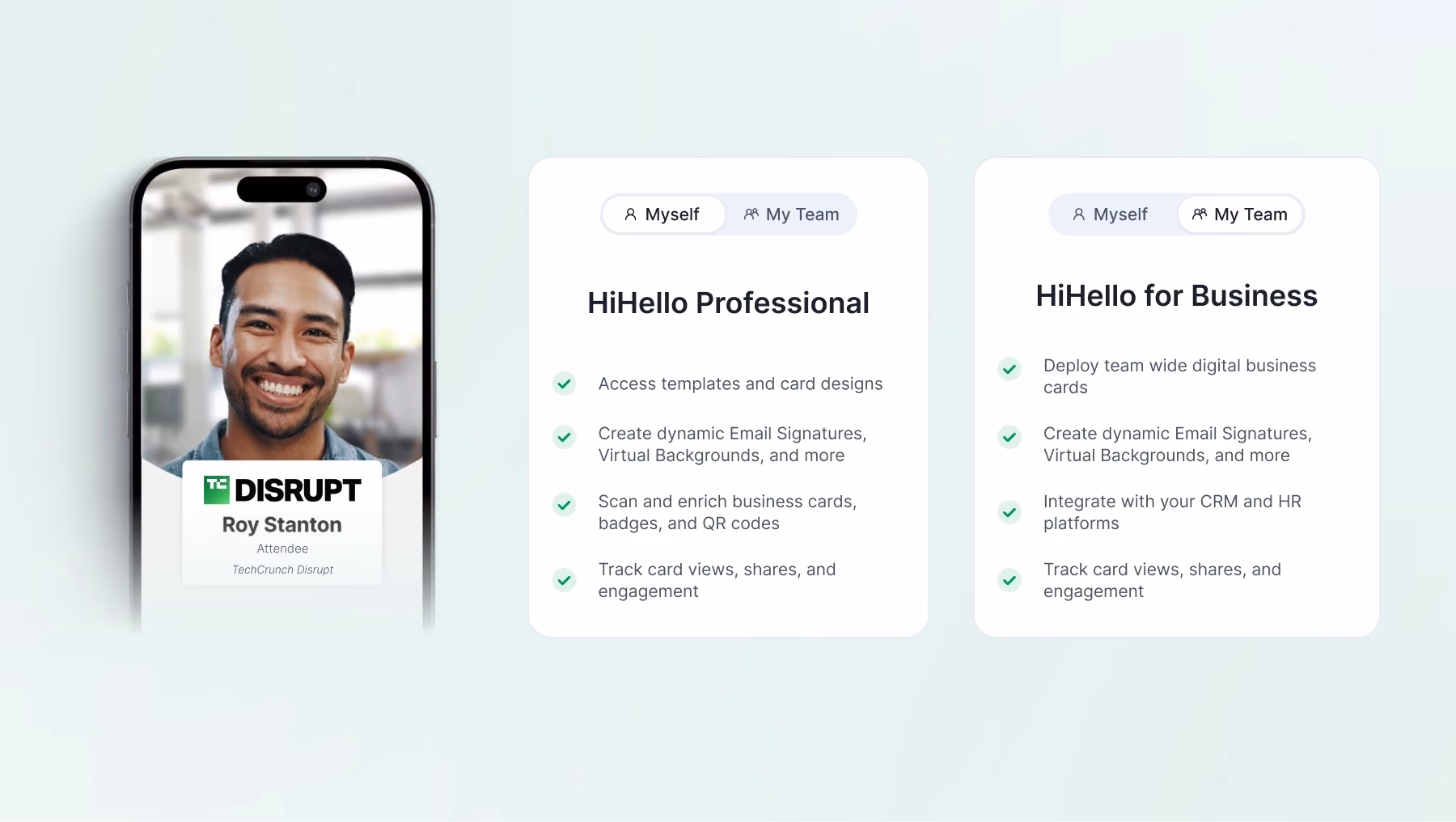 HiHello app interface showing account setup for Professional and Business plans.