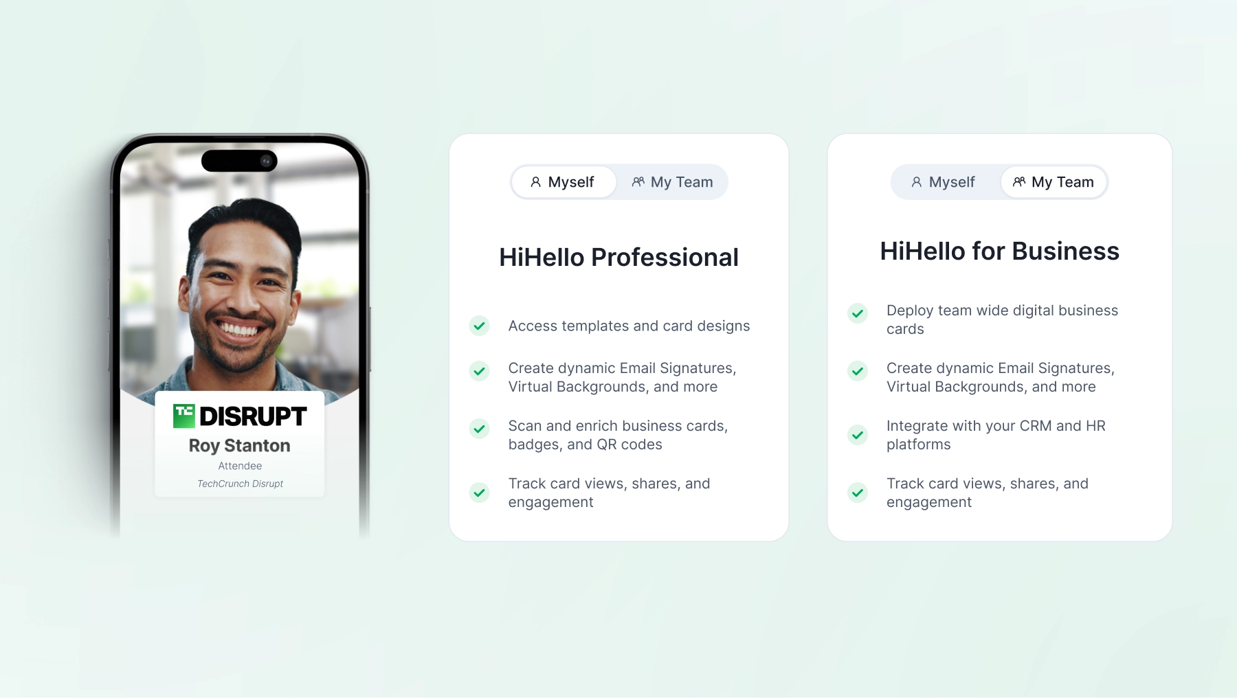 HiHello app interface showing account setup for Professional and Business plans.