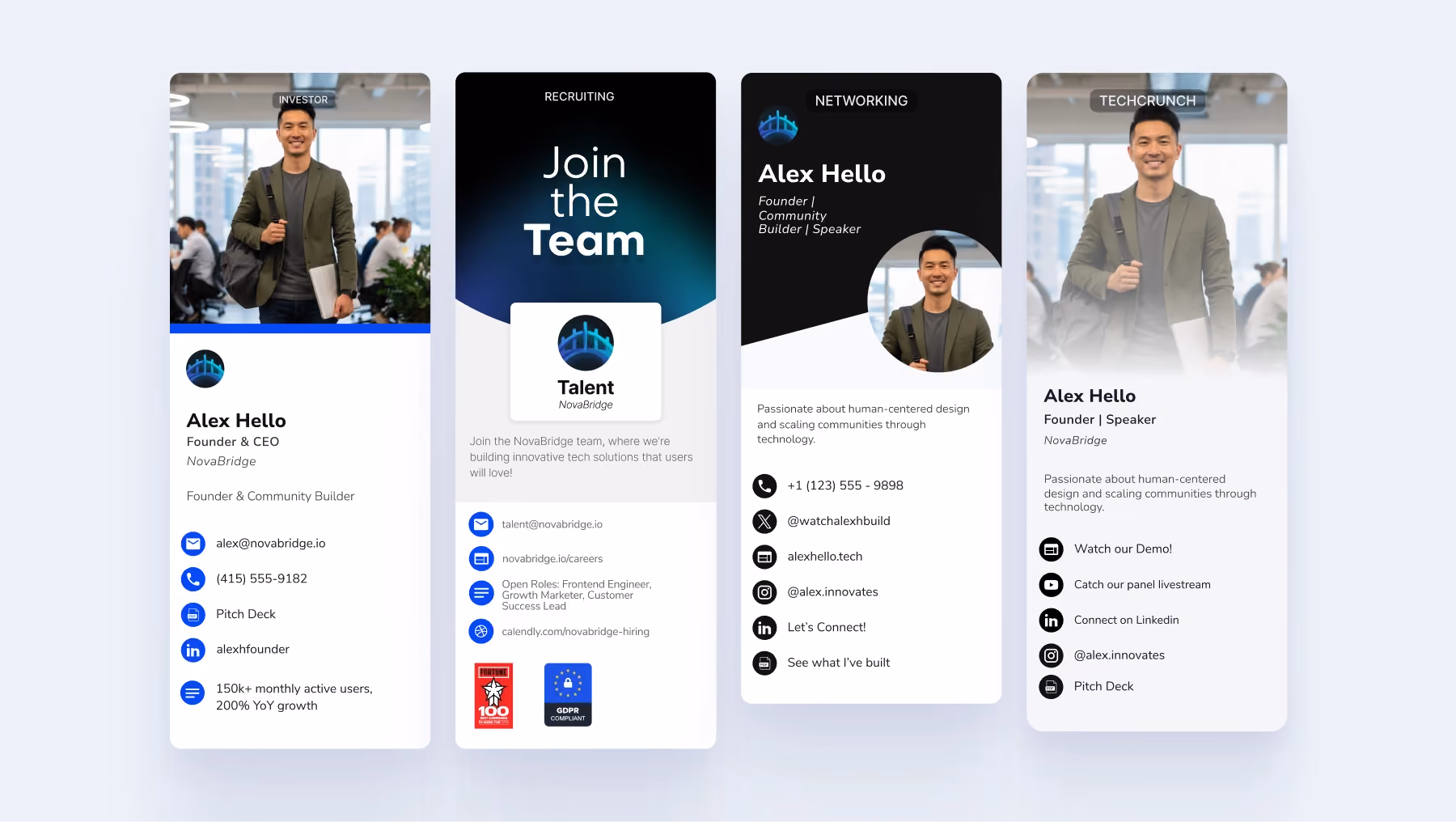 Examples of HiHello digital business cards for investors, recruiters, and networking.
