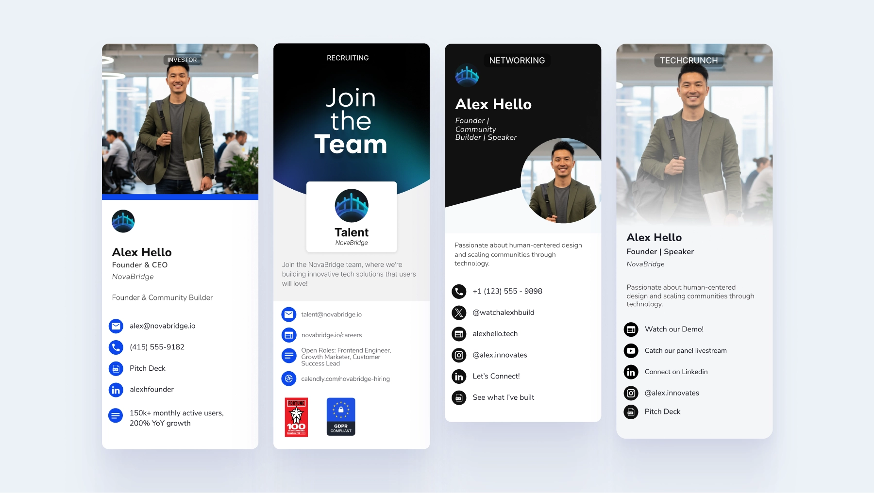 Examples of HiHello digital business cards for investors, recruiters, and networking.