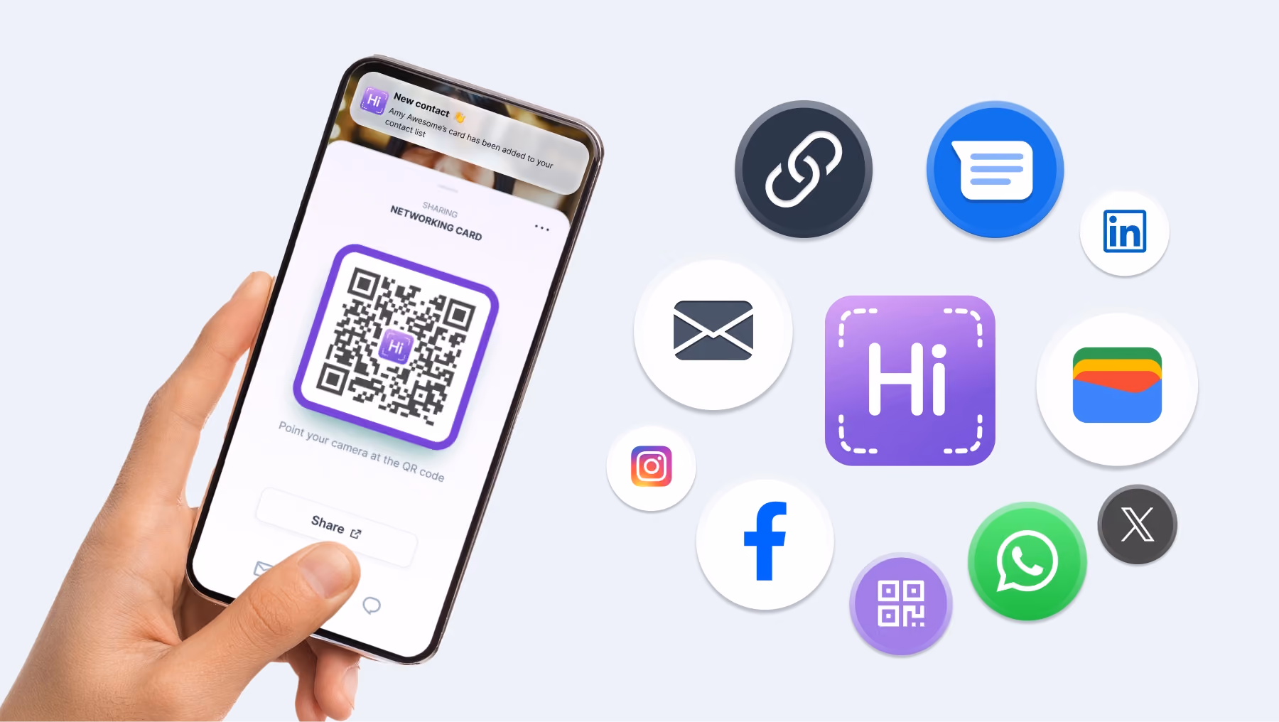 HiHello card displayed as QR code, in Apple Wallet, and on smartwatch.