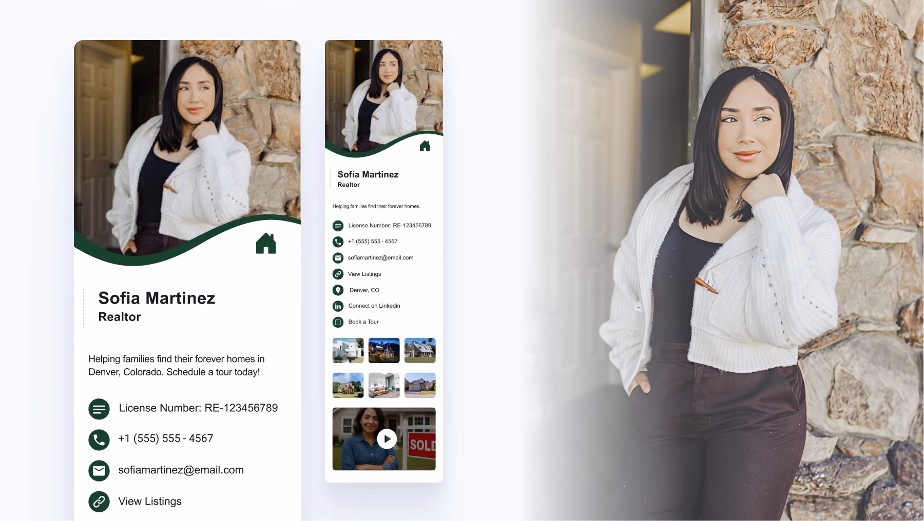 Digital business card example for real estate agents showing Realtor professional profile with photo, contact details, and property links.