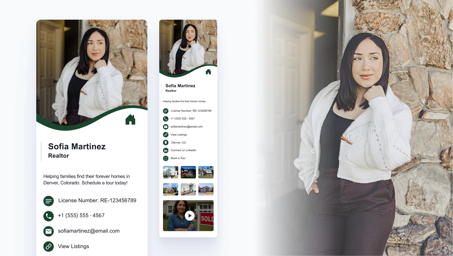 Digital business card example for real estate agents showing Realtor professional profile with photo, contact details, and property links.