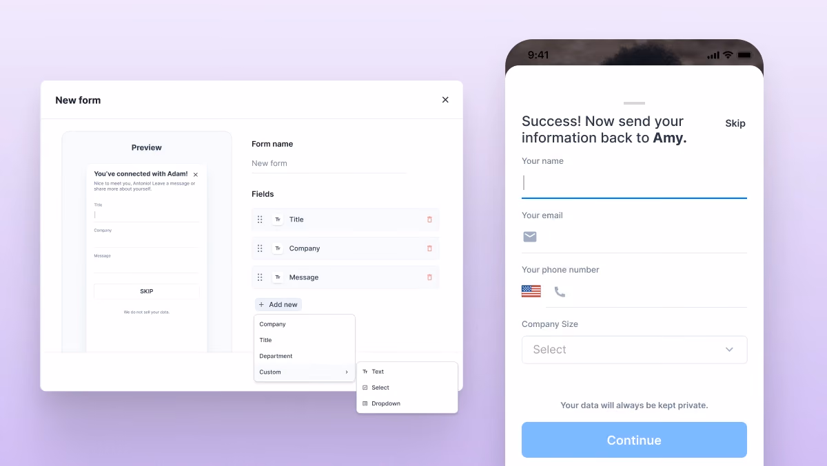 HiHello contact exchange settings dashboard showing customizable options like button text, form headers, and consent fields.
