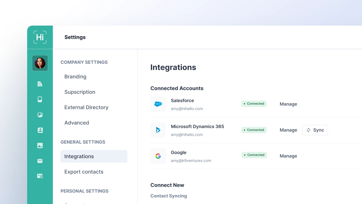 HiHello integration screen connecting to Microsoft Dynamics 365