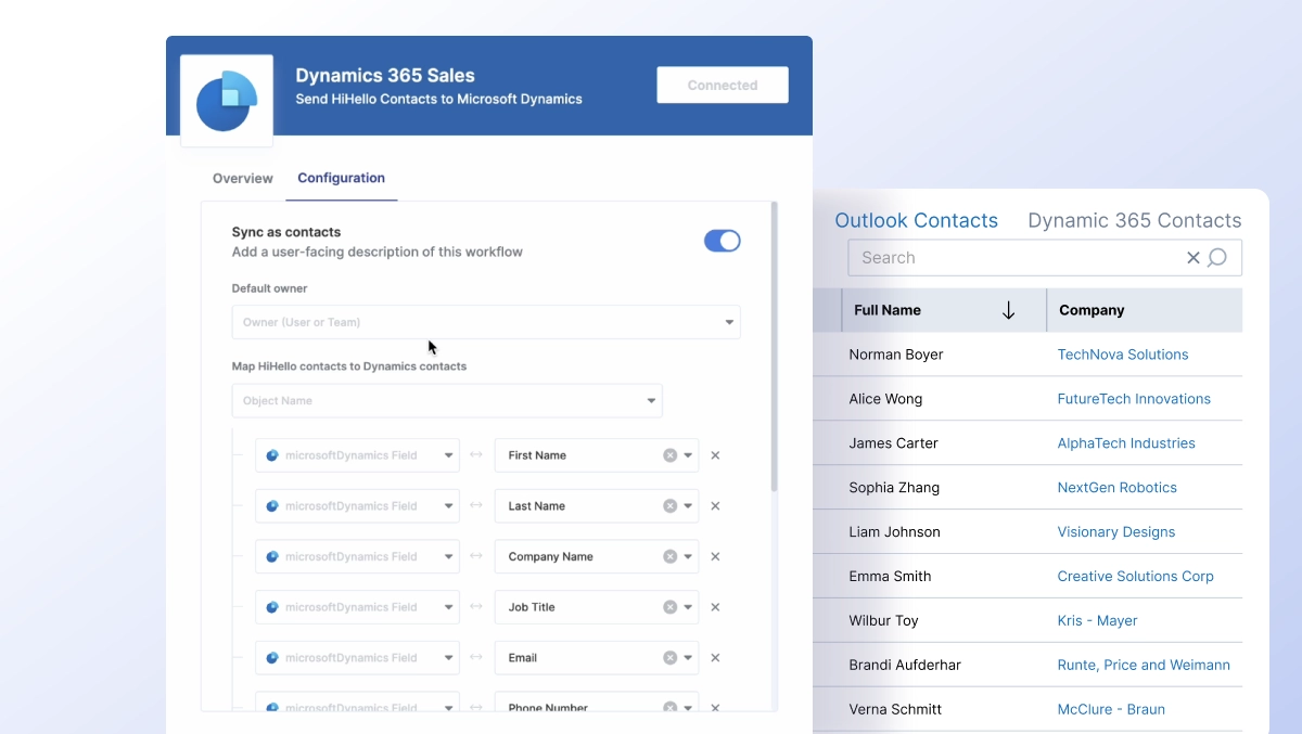 Microsoft Dynamics record showing tags and orginal contact owner synced from HiHello