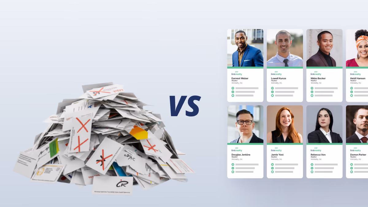Comparison of inconsistent paper business cards versus consistent digital HiHello cards for a real estate brokerage.