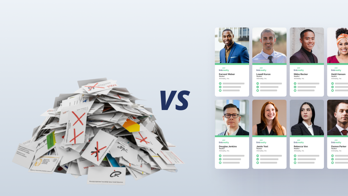 Comparison of inconsistent paper business cards versus consistent digital HiHello cards for a real estate brokerage.