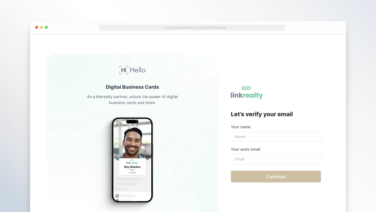 HiHello’s branded enrollment landing page showing real estate agents creating on-brand digital business cards.