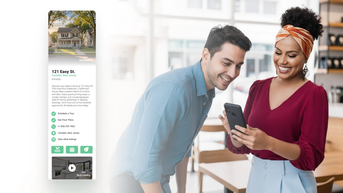 Real estate agent sharing a HiHello digital business card via QR code during a client meeting.