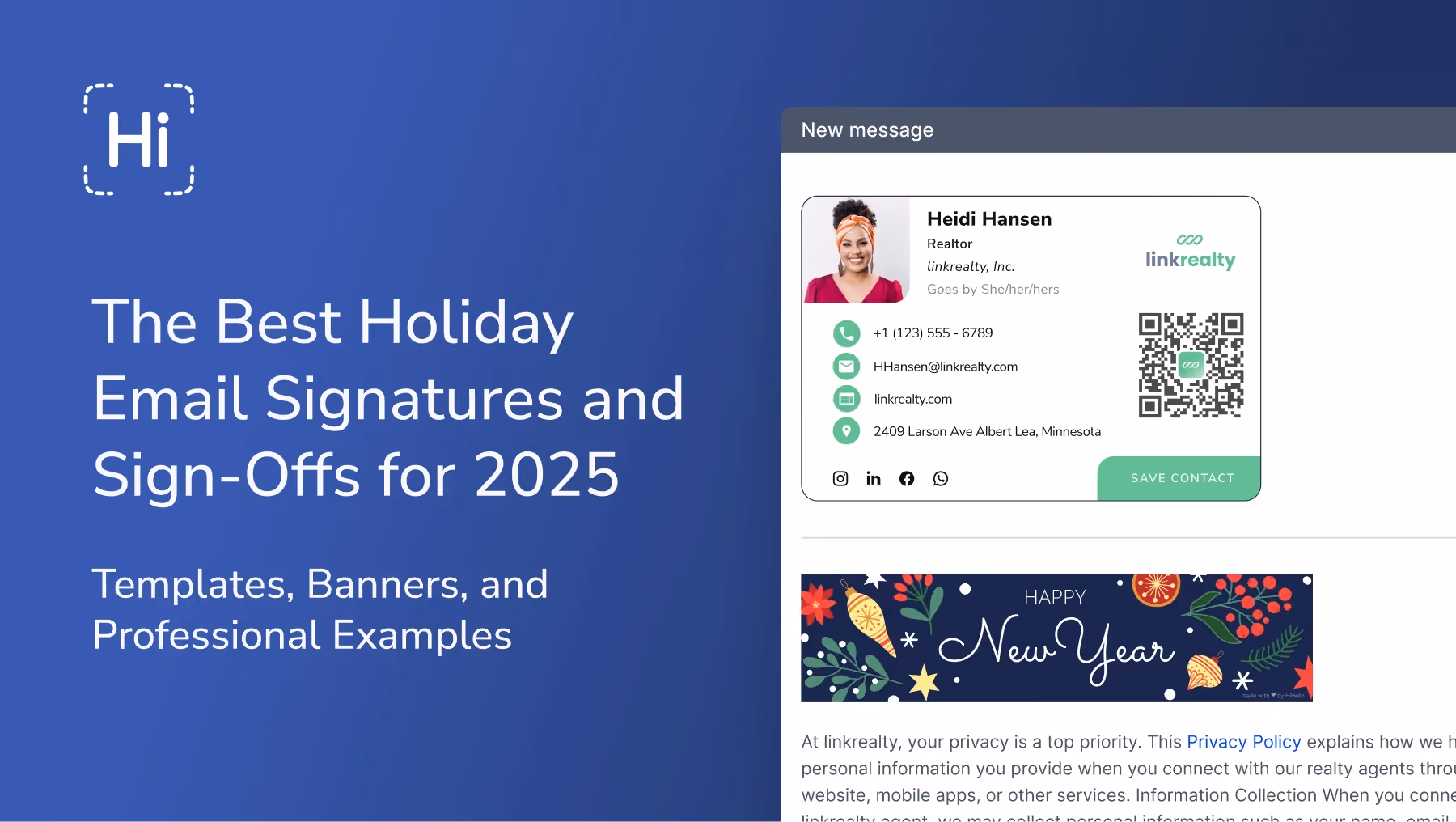 Example of a professional holiday email signature with a New Year banner, contact details, and digital business card.