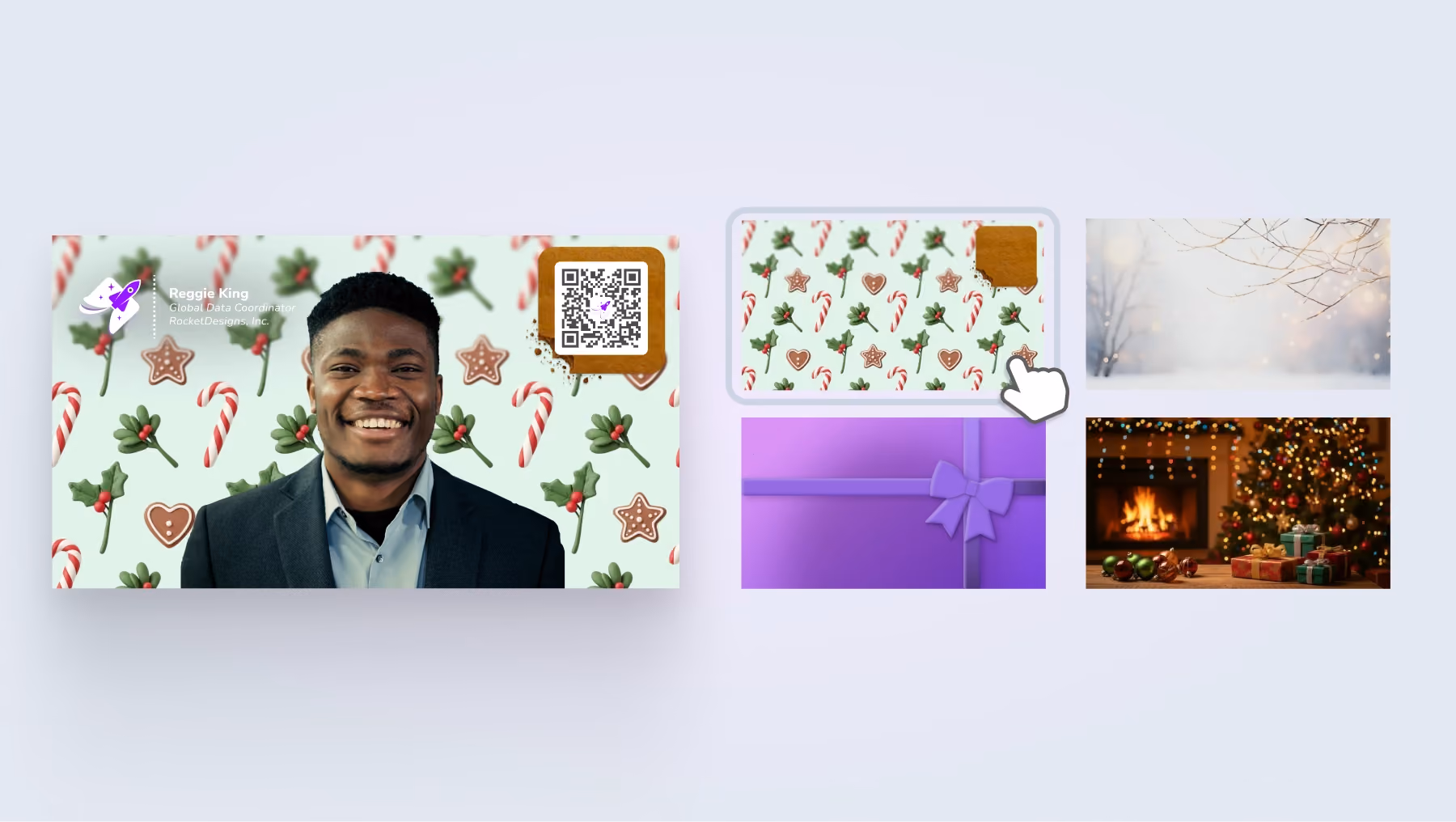 Holiday-themed virtual backgrounds displayed next to a digital business card, showing how teams can create a matching seasonal look.