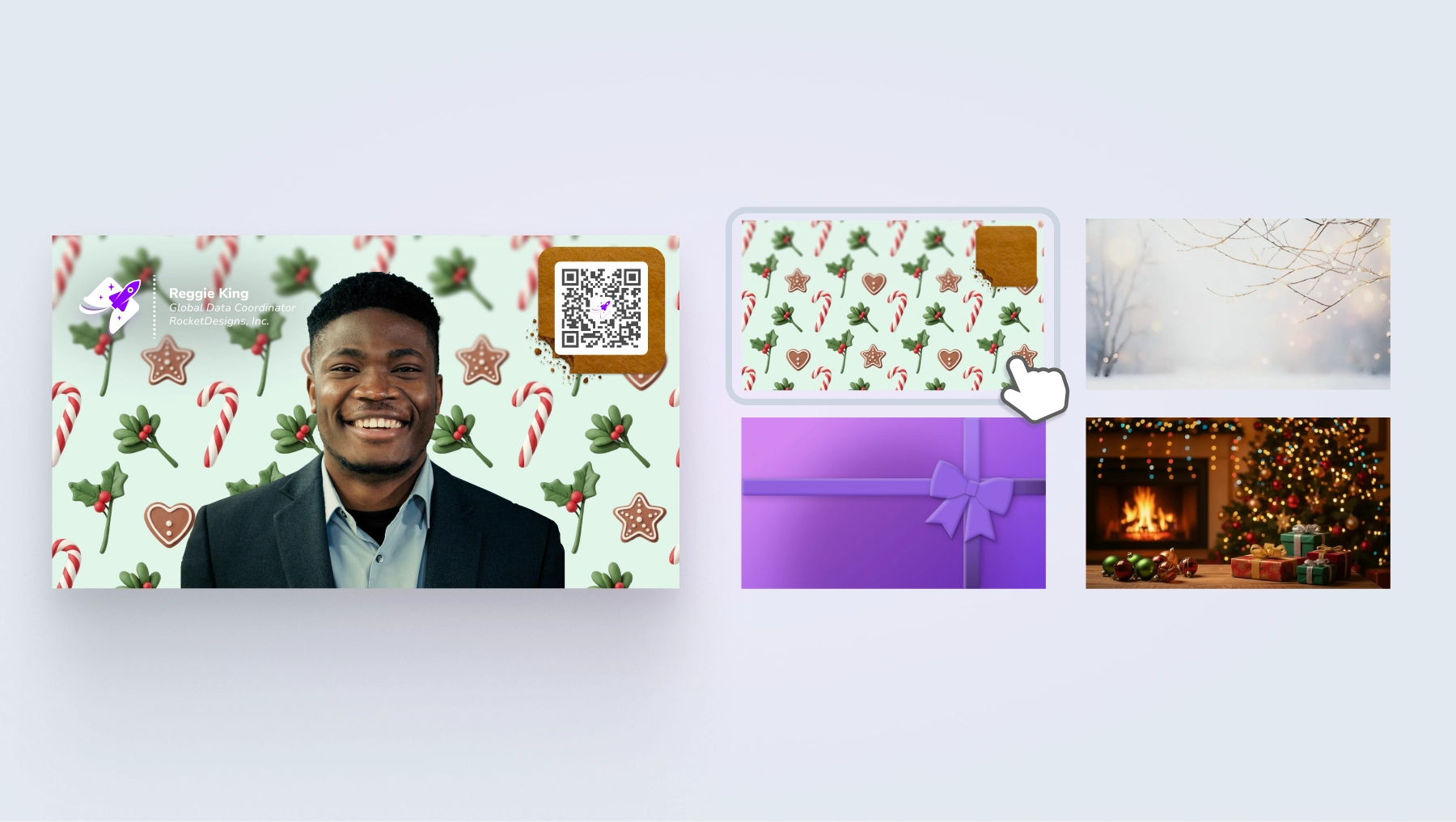Holiday-themed virtual backgrounds displayed next to a digital business card, showing how teams can create a matching seasonal look.
