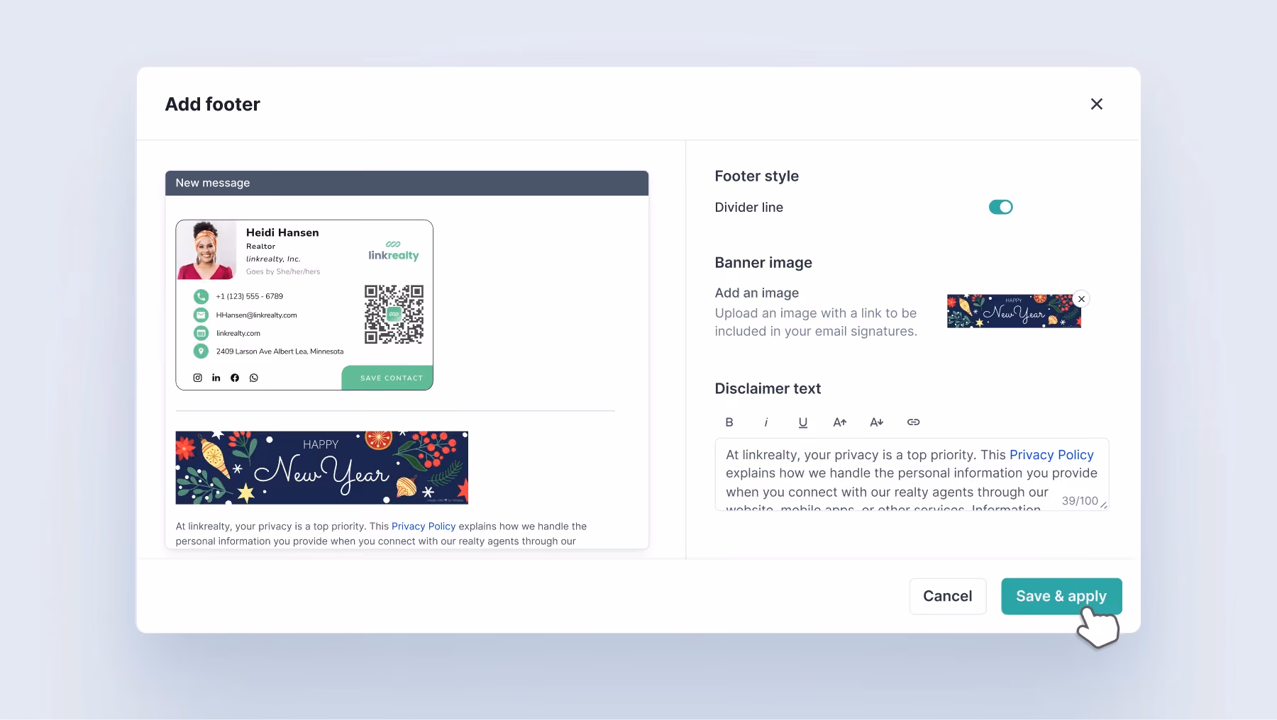 Screenshot of HiHello’s Email Signature Manager showing how to add a holiday banner and update a company-wide signature.