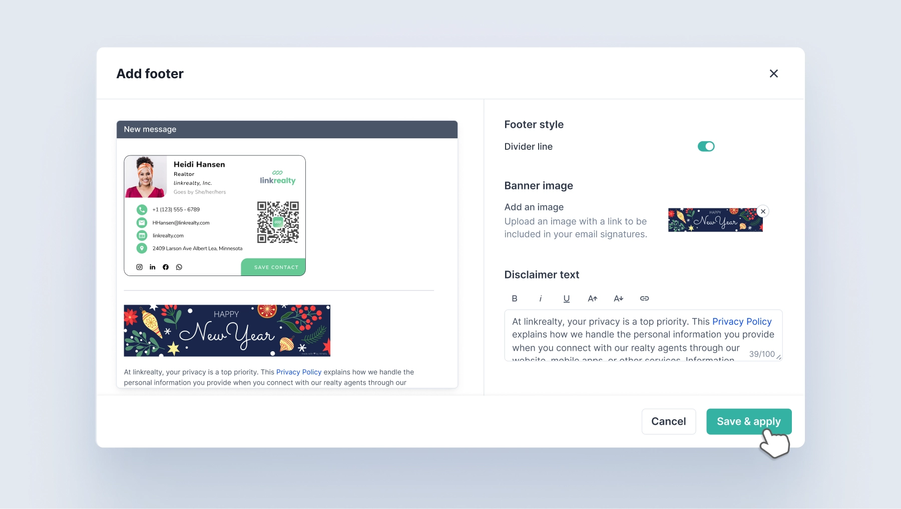 Screenshot of HiHello’s Email Signature Manager showing how to add a holiday banner and update a company-wide signature.