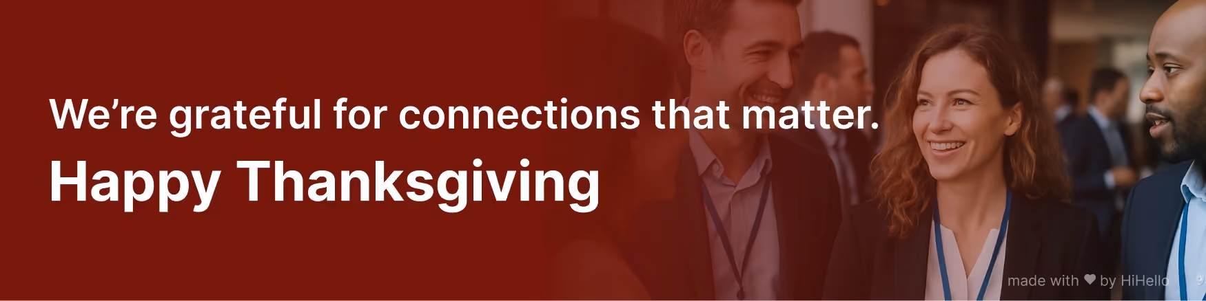 Professional Thanksgiving banner with people networking and message of gratitude.