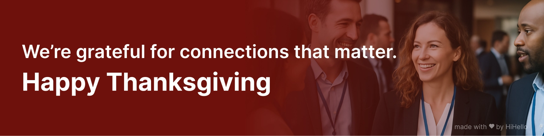 Professional Thanksgiving banner with people networking and message of gratitude.