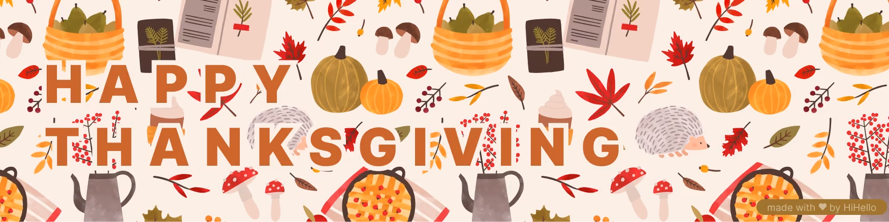 Illustrated fall pattern with pumpkins, pies, mushrooms, and autumn leaves.