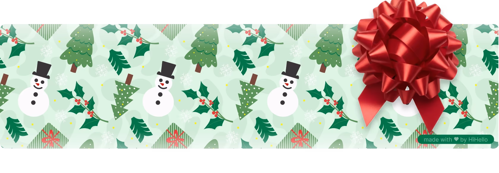 Gift-wrap themed banner with red holiday bow and winter icons.