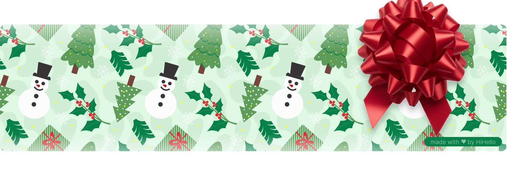Gift-wrap themed banner with red holiday bow and winter icons.