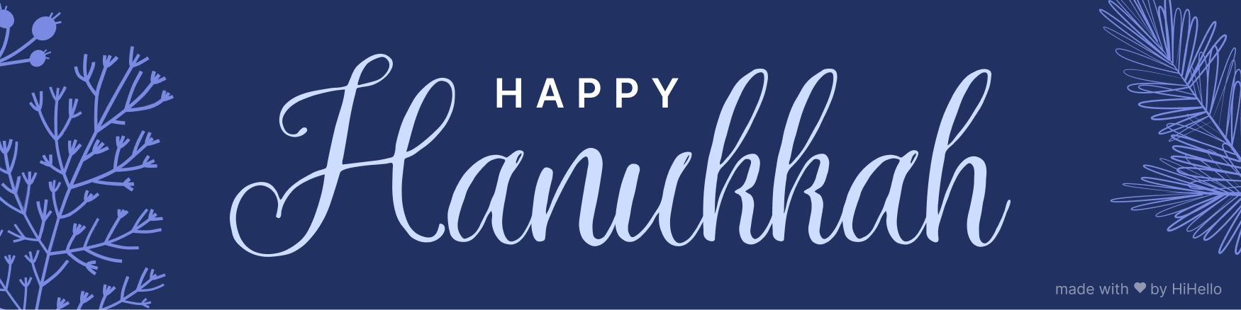 Elegant blue Hanukkah banner with illustrated foliage and “Happy Hanukkah.”