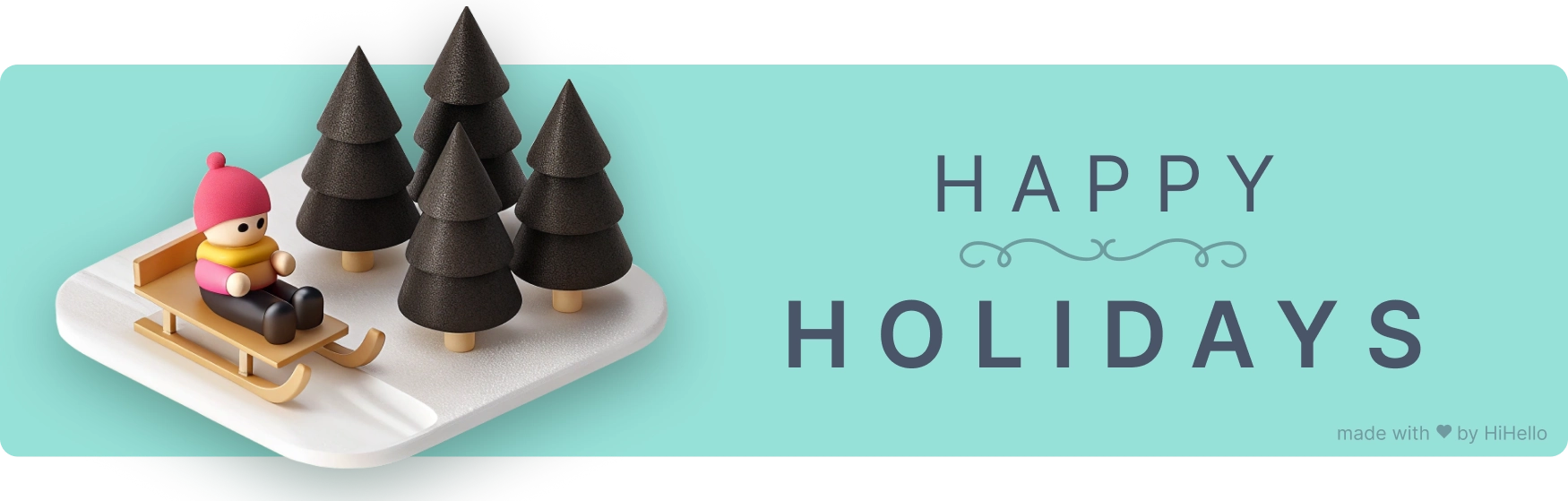 Winter banner with child on sled next to pine trees and “Happy Holidays.”