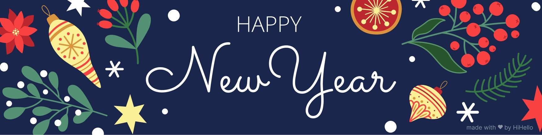 Dark navy banner with festive florals and “Happy New Year.”