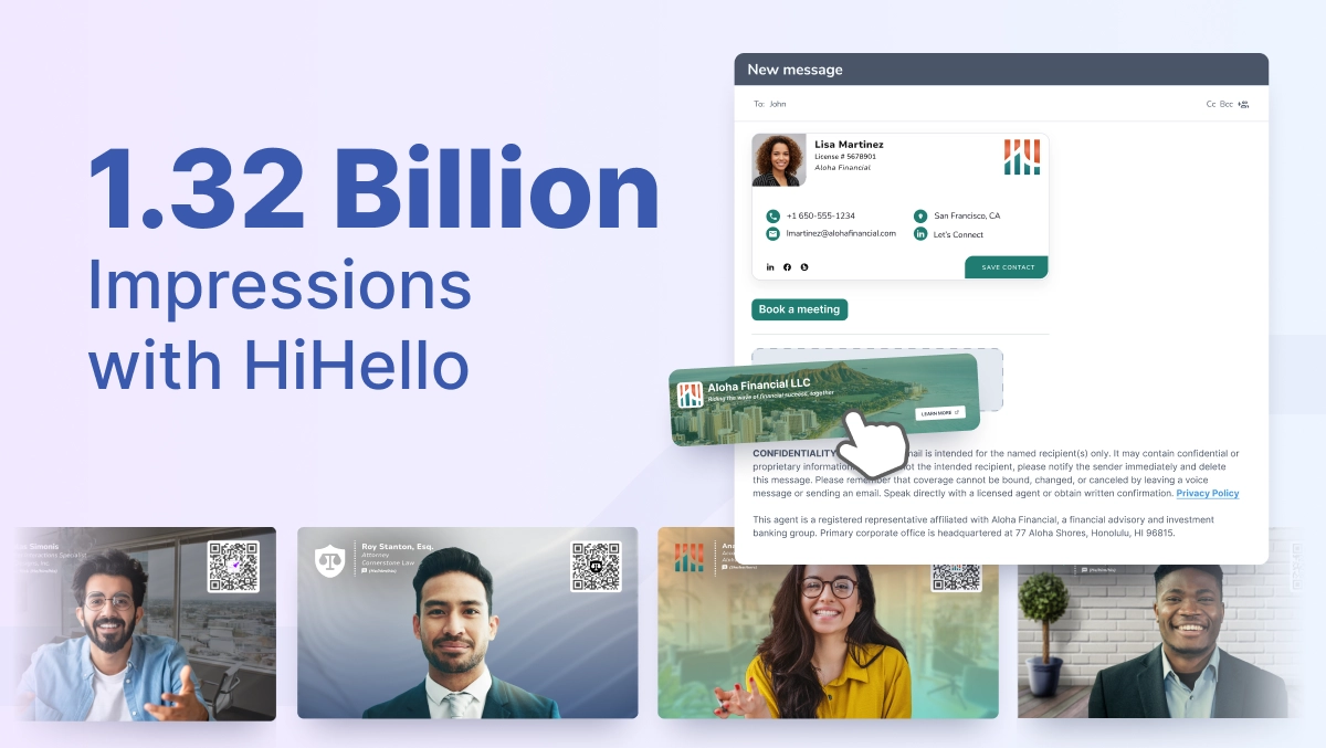 HiHello email signature and virtual background analytics showing 1.32 billion impressions generated as an owned enterprise communication channel in 2025.