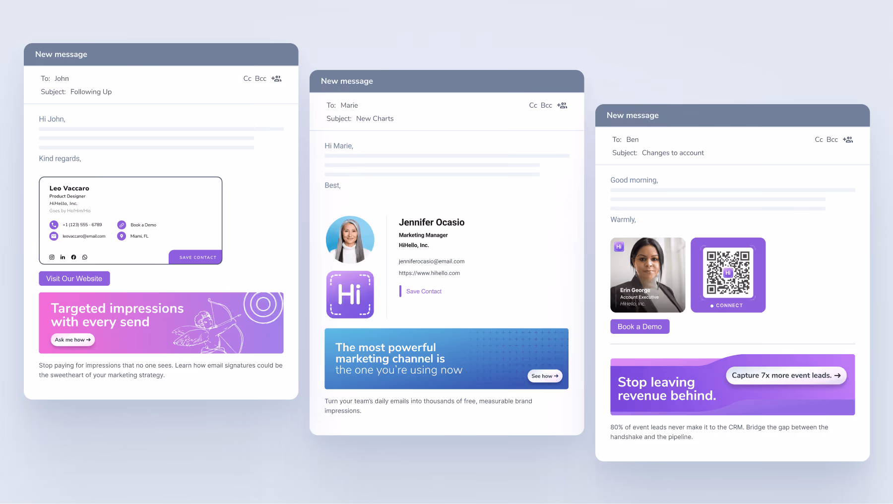 Three professional emails displaying consistent HiHello-managed signatures with headshots, CTAs, and branded banners that turn everyday emails into a coordinated marketing channel.