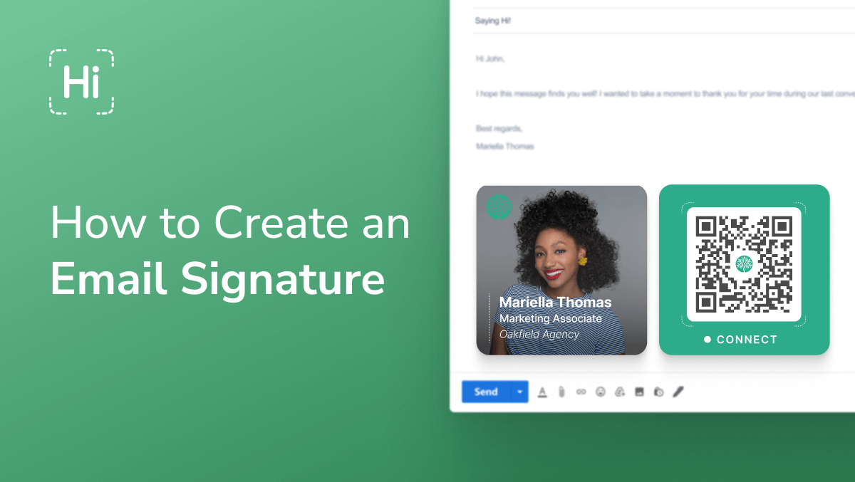 HiHello email signature example featuring a digital business card with QR code in a new email message