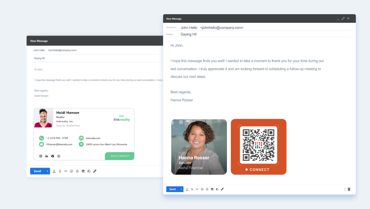 HiHello email signature example highlighting consistent branding, social icons, and a call-to-action button.