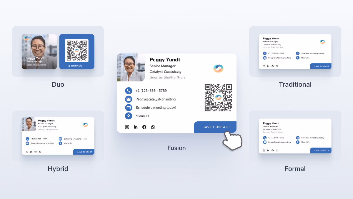 HiHello interface showing different email signature layouts.