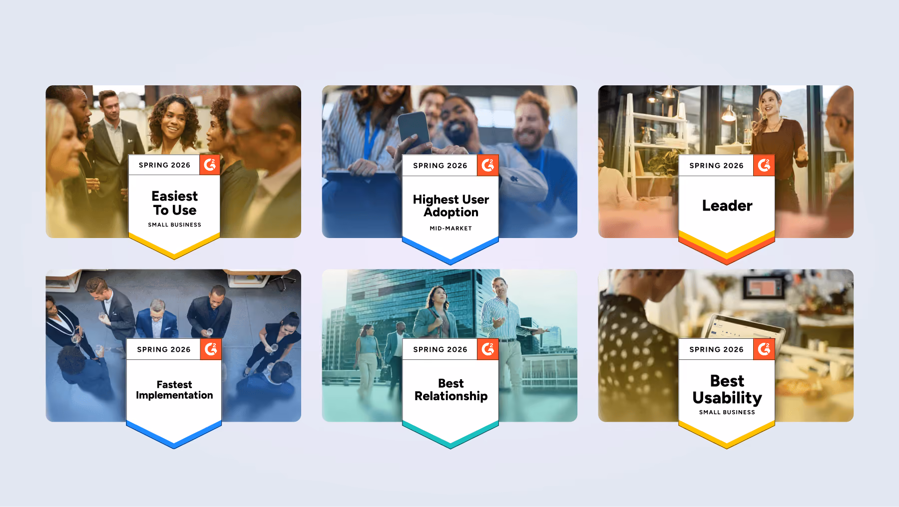 HiHello G2 Spring 2026 rankings showing number one in Implementation and Results for lead capture software and lead retrieval software, number one Implementation for digital business card software, and three number one rankings in Smart Link