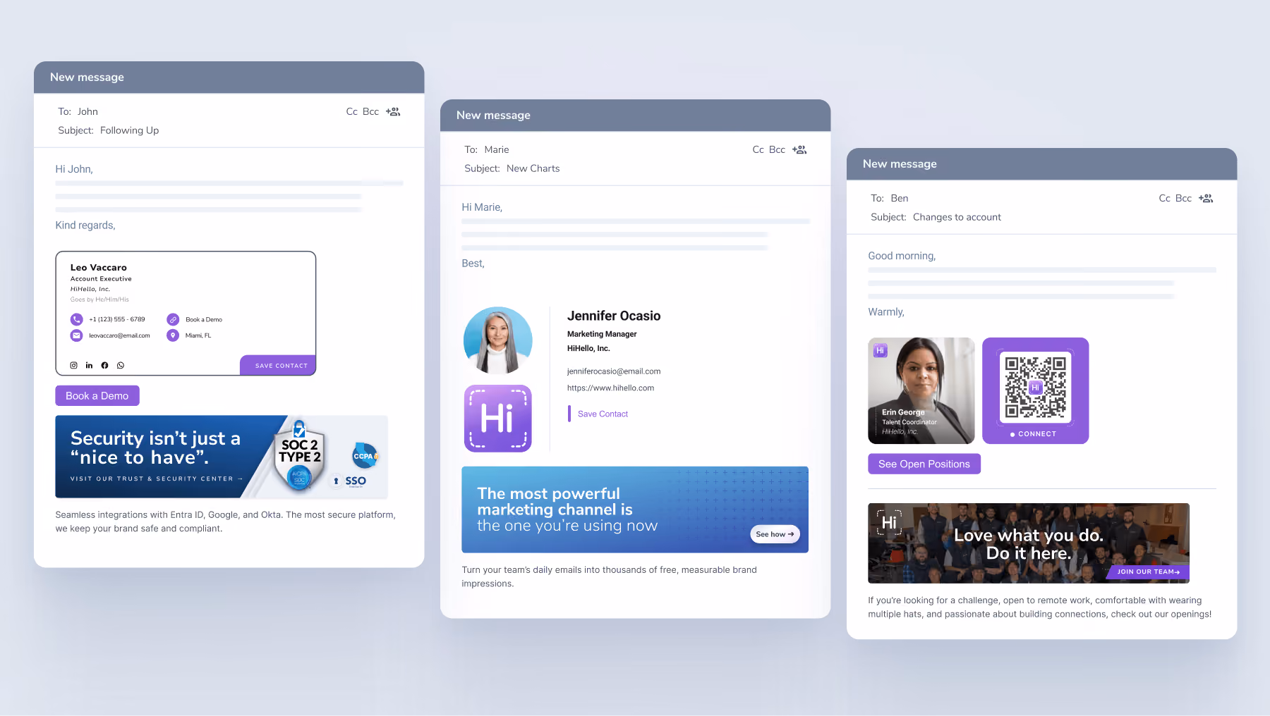Four HiHello email signature banner examples mapped to Sales, Marketing, Recruiting, and Customer Success teams