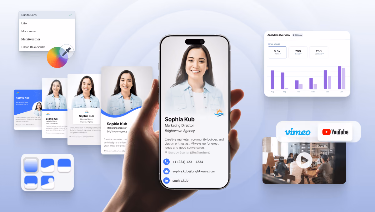 Digital business card setup overview with profile, QR code, analytics, and embedded video using HiHello Professional