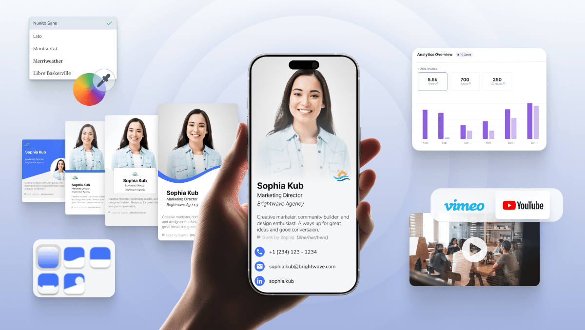 Digital business card setup overview with profile, QR code, analytics, and embedded video using HiHello Professional